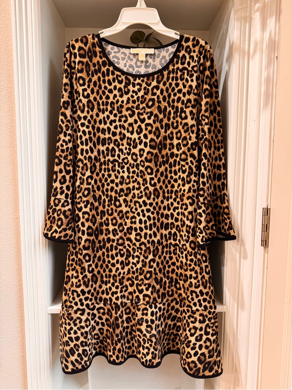 Michael Kors Leopard Print Long Sleeve Dress - Black & Tan Bell Sleeves
